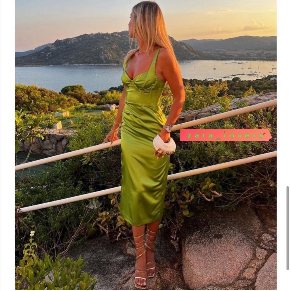 ZARA CITRINE GREEN SATIN EFFECT CORSET BONING MIDI DRESS IN LIME GREEN